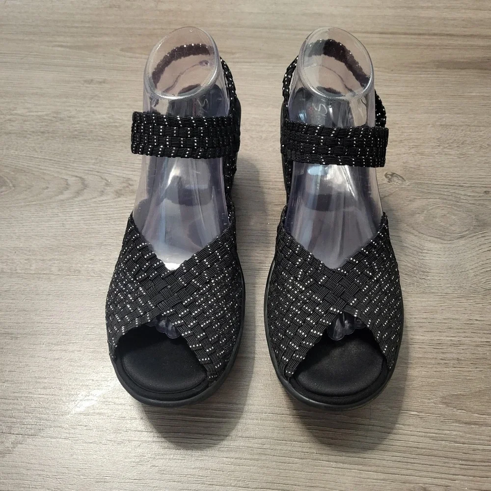 Skechers Cali Weave Wedge Black Silver Woven Memory Foam Sandals size 10 Comfort